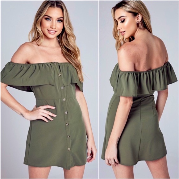 Off shoulder ruffle button front summer cute fitted mini dress- 1 sz. large left - Picture 3 of 4